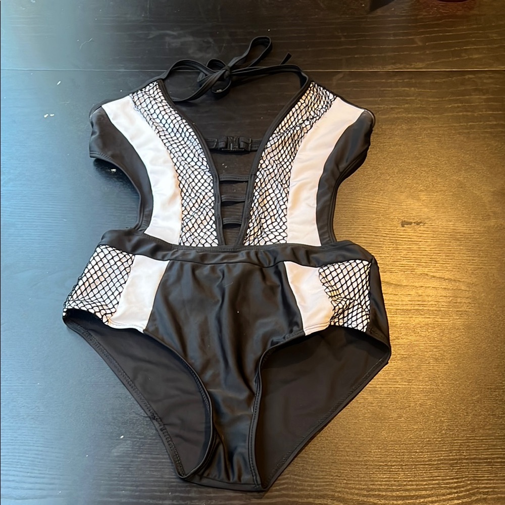 Black and White Cutout Swim Suit